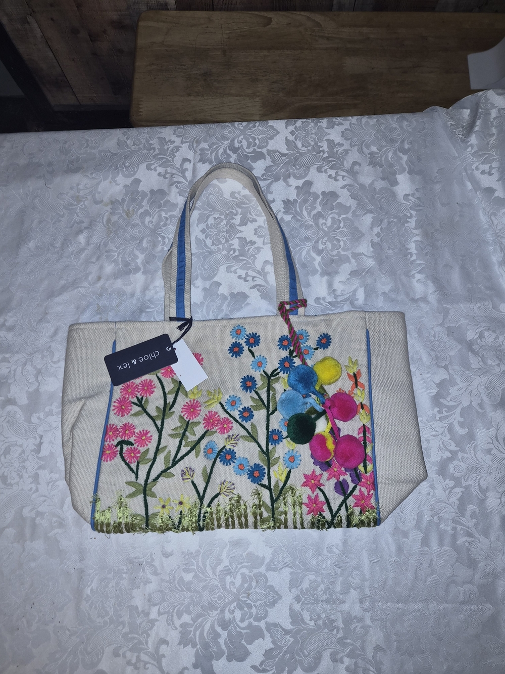 Canvas Floral Embroidered Tote with Colorful Pom-Poms - Unbranded